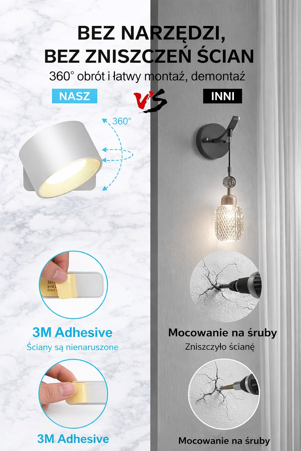 Bezprzewodowa Obrotowa Lampa Ścienna LED